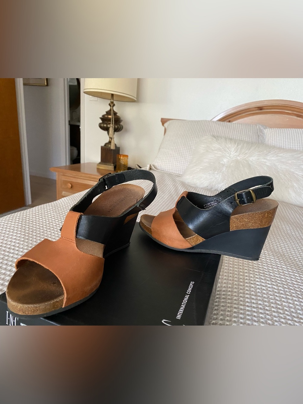 Two-Tone Tan and Black Wedge Leather Sandals Ankle Strap Made in Spain